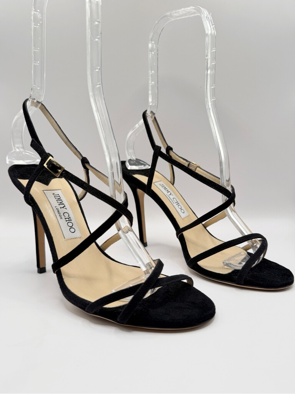 Authentic Jimmy Choo Black Suede Elaine Strappy Sandals High Heels Stiletto